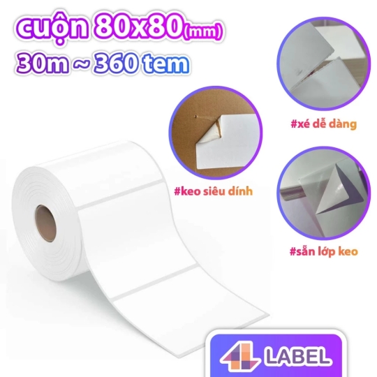 Giấy In Nhiệt 80x80 mm dạng cuộn, in tem GHN, GHTK, Có keo sẵn, tem vận chuyển 8*8, decal nhiệt 80*80, giấy in tem 8x8