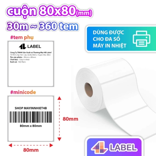 Giấy In Nhiệt 80x80 mm dạng cuộn, in tem GHN, GHTK, Có keo sẵn, tem vận chuyển 8*8, decal nhiệt 80*80, giấy in tem 8x8