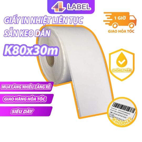 Giấy in nhiệt k80 bóc dán,giấy in liên tục in bill livestream dành cho máy tự cắt khổ 80mm 8cm[LIÊN TỤC CUỘN BỰ CÓ KEO]