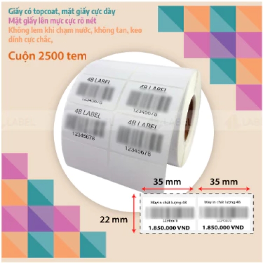 Cuộn in mã vạch, tem nhiệt khổ 2 tem 72x22, 70x22, 35x22 mm, 2 tem/hàng, 2000 tem. Tem in sản phẩm, tem in giá