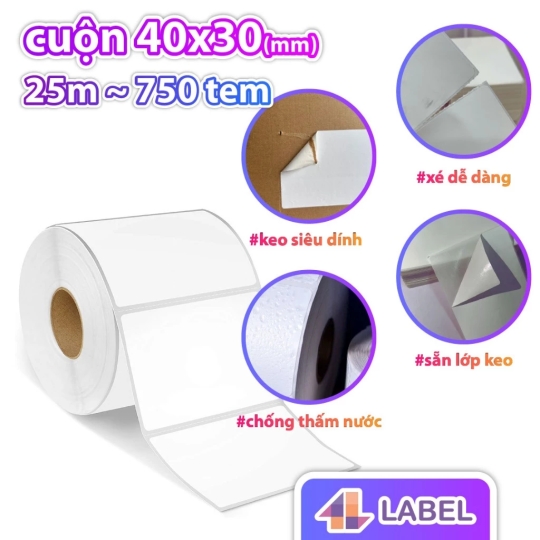 DECAL NHỰA NHIỆT 40x30 cuộn 25m - TEM KHÁNG NƯỚC CÓ KEO SẴN - dùng cho hàng đông lạnh, tem trà sữa, tem phụ