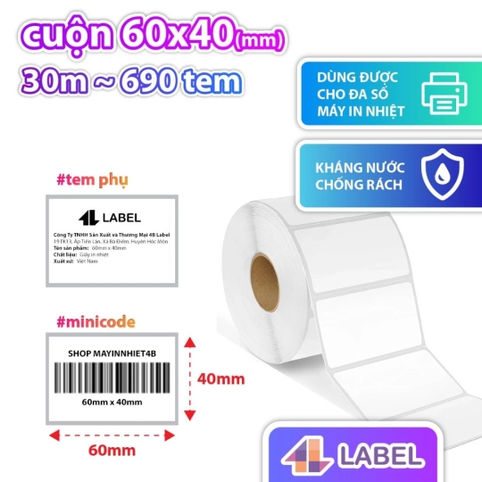 TEM NHỰA NHIỆT 60x40 cuộn 30m - DECAL CHỐNG NƯỚC CÓ KEO SẴN - dùng cho hàng đông lạnh, tem đồ gỗ