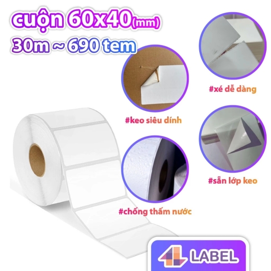 TEM NHỰA NHIỆT 60x40 cuộn 30m - DECAL CHỐNG NƯỚC CÓ KEO SẴN - dùng cho hàng đông lạnh, tem đồ gỗ